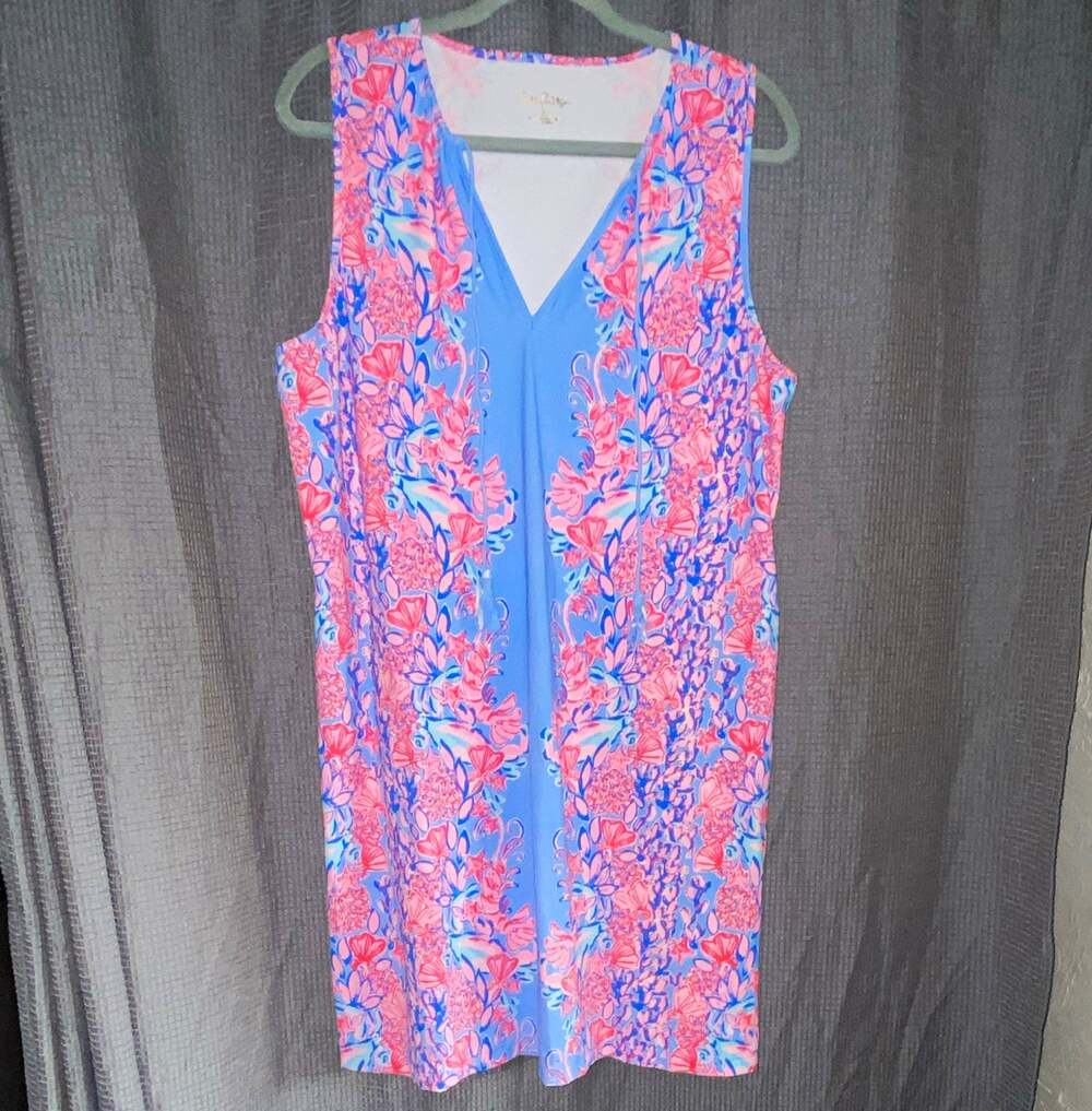 Lilly Pulitzer Women's Blue Pink Floral Shift Dress Sleeveless V-Neck XL